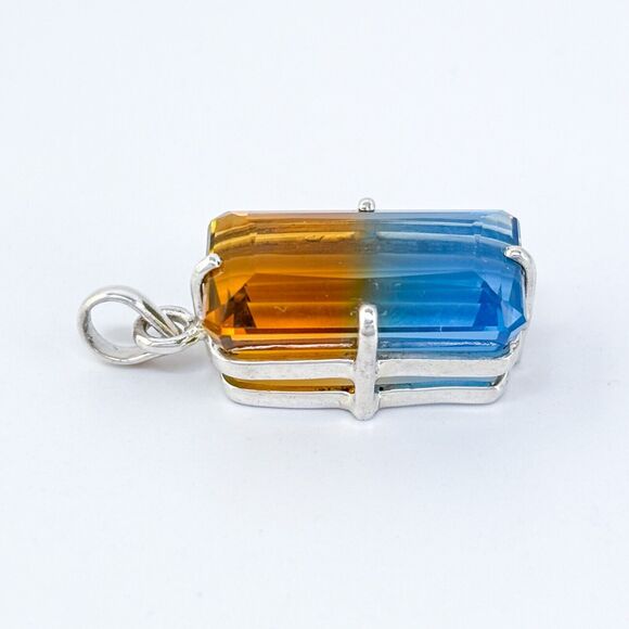 Vintage Sterling Silver 925 Orange Blue Ametrine Emerald Cut Pendant - Picture 3 of 7